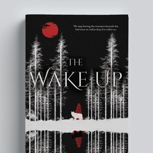 Hand-drawn book cover with the title 'The Wake Up,  a surreal cover for a dark fantasy novel'