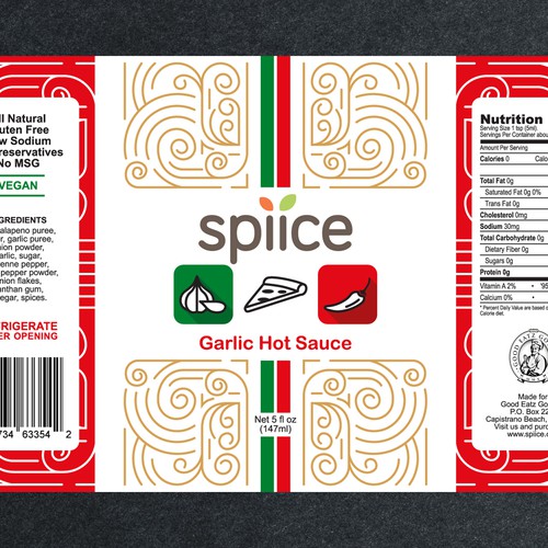 Sauce label with the title 'Label design for Spiice, bottled garlic hot sauce'