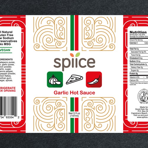 Garlic design with the title 'Label design for Spiice, bottled garlic hot sauce'