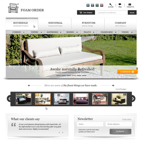 White website with the title 'New home page design for Foam Order.com'