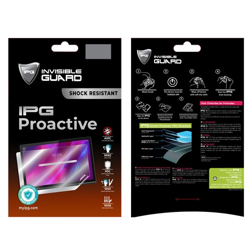 Electronic packaging with the title 'IPG Pro Active Screen Protector Package'