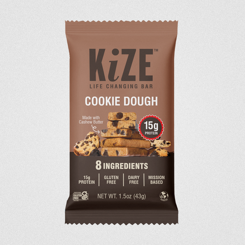 Packaging with the title 'KiZE PLUS PROTEIN 60g Cookie Dough package'