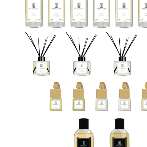 Brochure artwork with the title 'FW Perfumes - illustrations.'