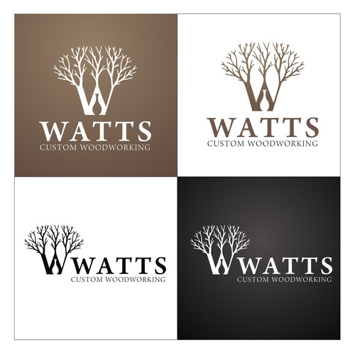 Worker logo with the title 'Watts Custom Woodworking needs a cutting edge tree-incorporated design'