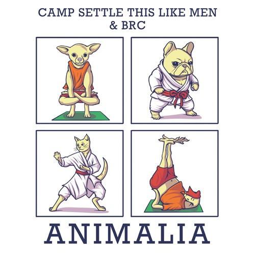 Yoga t-shirt with the title 'CAMP SETTLE THIS LIKE MAN & BRC ANIMALIA'