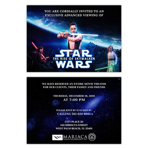 Star Wars design with the title 'Postcard Design for Mariaca Wealth Management, LLC'