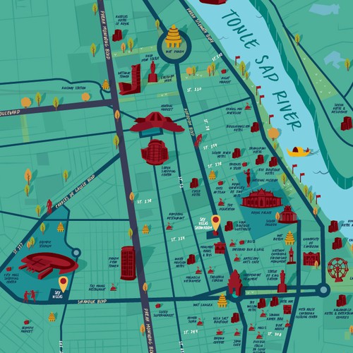 Map design with the title 'Map of Downtown - Phnom Penh, Cambodia'