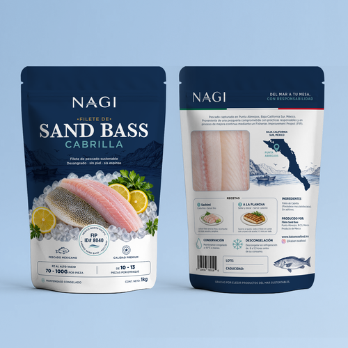 Fish packaging with the title 'Packaging for Sand Bass Fish Fillets'
