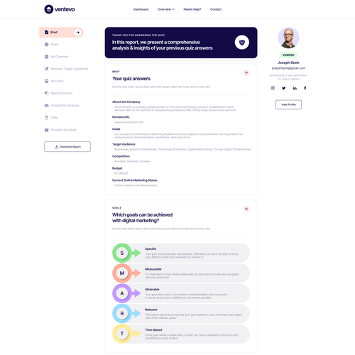 Digital website with the title 'Ventevo Report Desktop/Web App'