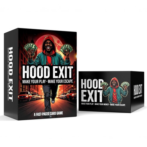 Amazon packaging with the title 'Premium Box Packaging Design for Hood EXIT Card Game'
