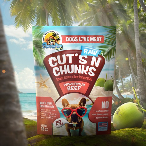 Tropical packaging with the title 'Freeze Dog Food Pouch Packaging'