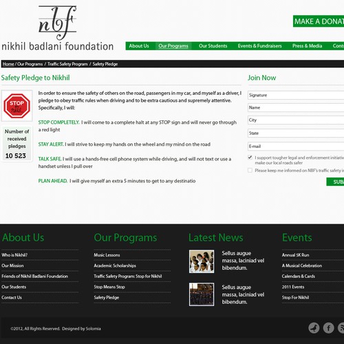 Green website with the title 'Help Nikhil Badlani Foundation with a new website design'