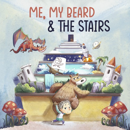 Cartoon book cover with the title 'Me, my beard and the stairs'