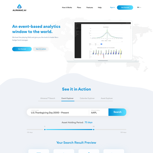 Analytics website with the title 'Almanac.Ai - An event-based analytics window to the world'