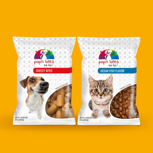 Cute packaging with the title 'Cute snack package design for dogs and cats'
