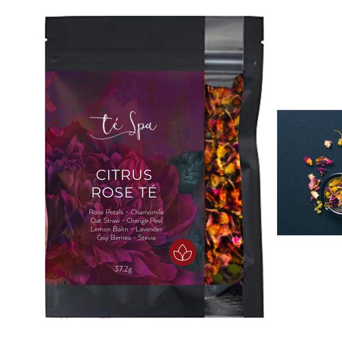 Purple packaging with the title 'Packaging design and illustration for a Tea Brand'