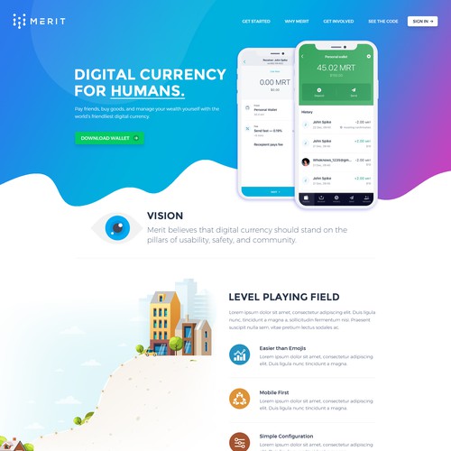 Illustration website with the title 'Merit - Crypto Currency website'