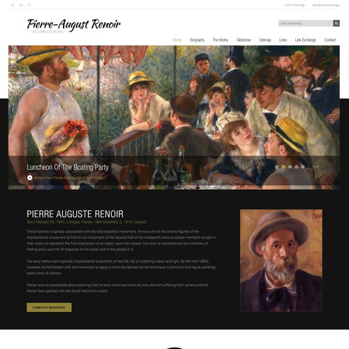 Black and white website with the title 'Pierre Auguste Renoir.org design update'