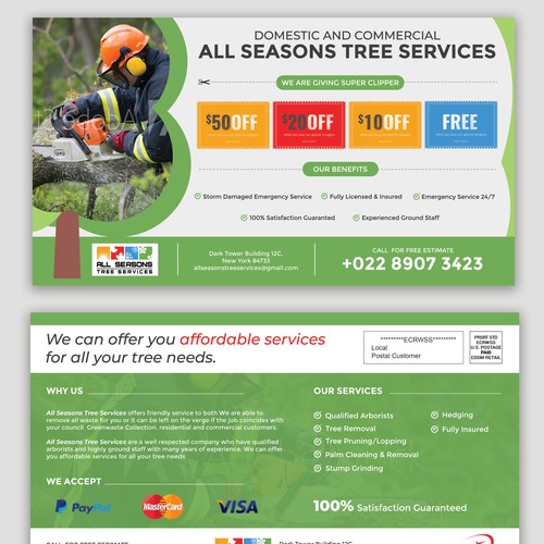 Coupon design with the title 'Tree Services Coupon Postcard'