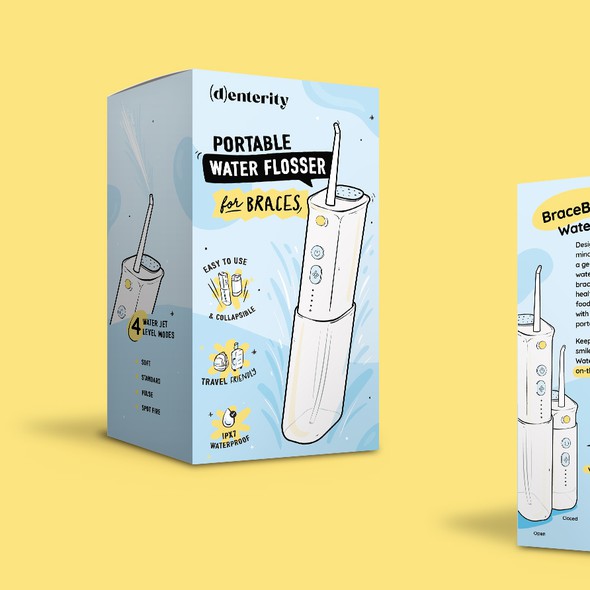 Bold label with the title 'Illustrated packaging for a Portable Water Flosser'