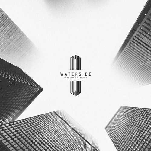 Black and white brand with the title 'Logo for Real Estate Ventures, WATERSIDE'