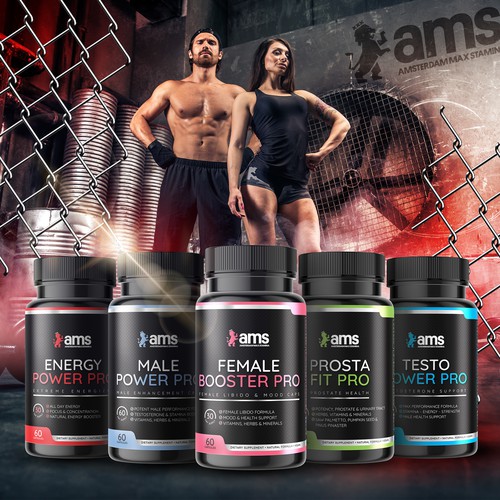 Dietary supplement label with the title 'Amsterdam Max Stamina Supplement jars'