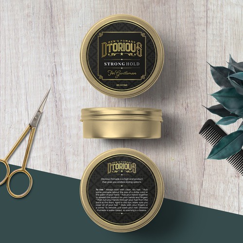 Gold packaging with the title 'Design of a unique hair label for men's pomade'