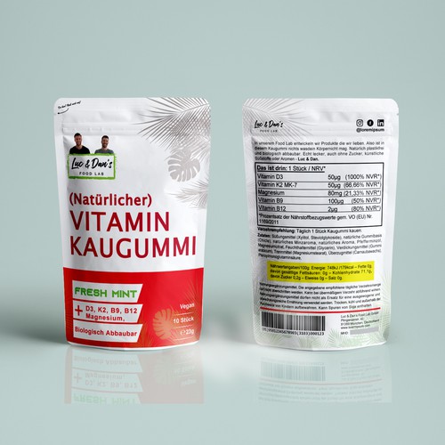 Red packaging with the title 'pouch label design'