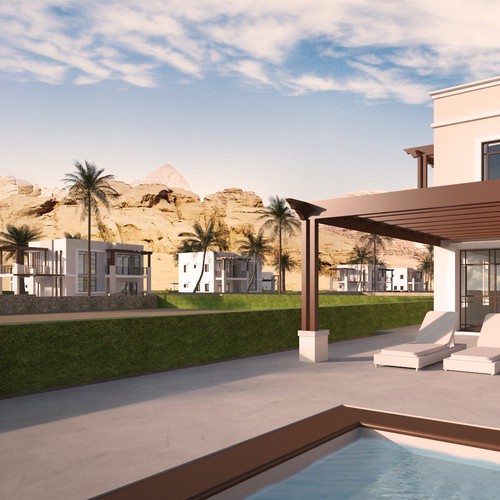 3-dimensional design with the title '3D Model and renderings of desert comunity'