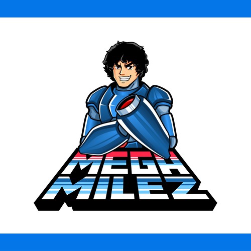 Portrait design with the title 'Conceptualize a Modern, Unique and Striking Logo/Character for MegaMilez (Spin off Mega Man)'