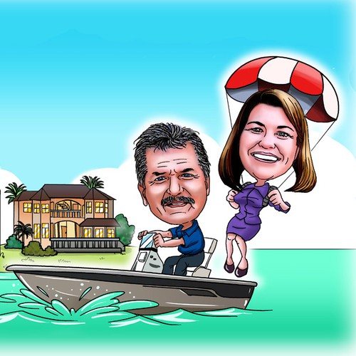 Caricature artwork with the title 'Caricature of Capt. Bob & Kelly Davies'