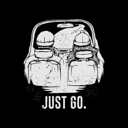 Illustrated t-shirt with the title 'JUST GO. T-shirt for wanderlust'