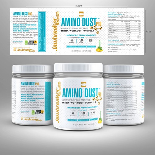 Jar label with the title 'Amino Dust Supplement'