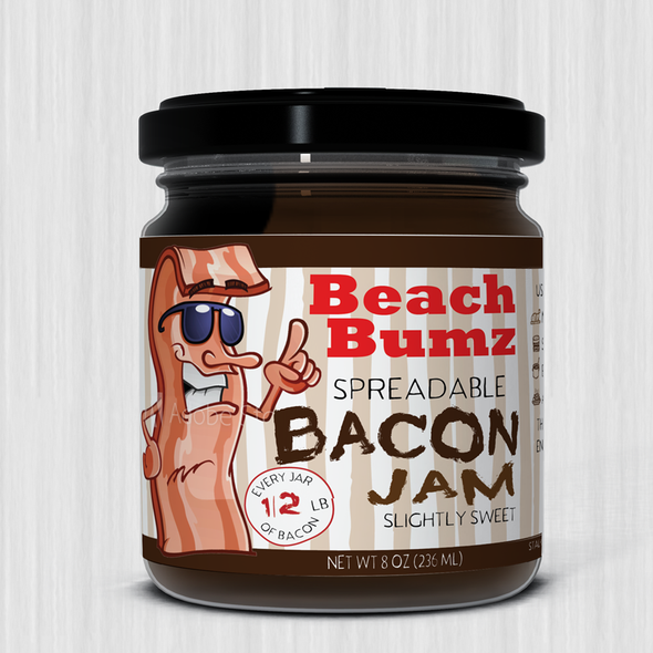 Bacon design with the title 'Fun and funky label for bacon jam.'