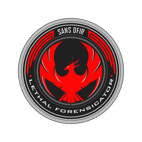 Graphic illustration artwork with the title 'PHOENIX LETHAL FORENSICATOR - CHALLENGE COIN winner! :)'