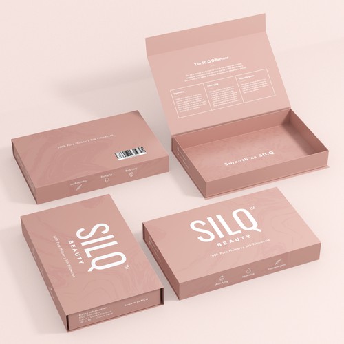 Carton packaging with the title '100% Pure Mulberry Silk Pillowcase'