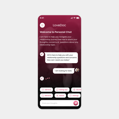 Relationship design with the title 'LoveDoc - Ai-relationship coaching iOS app'