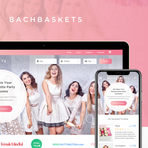 Pink website with the title 'Website UI design for BachBaskets '