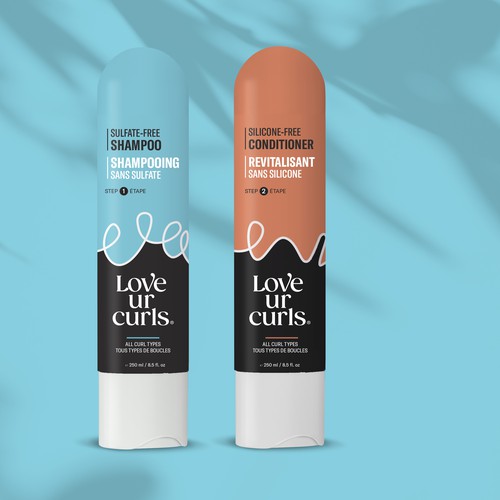 Bottle packaging with the title 'Love your curls'