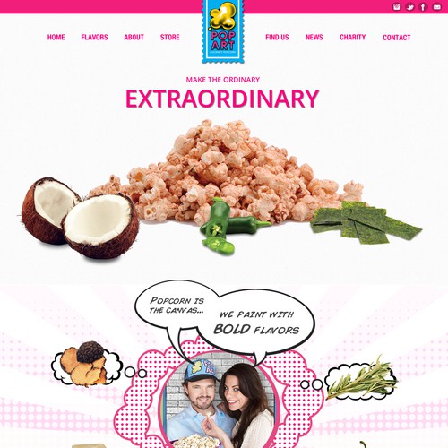 Single page website with the title 'Redesign a unique website for a fun gourmet popcorn company!'
