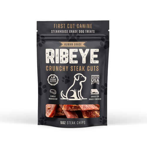 Dog food packaging with the title 'Packaging for Ribeye Dog Food'