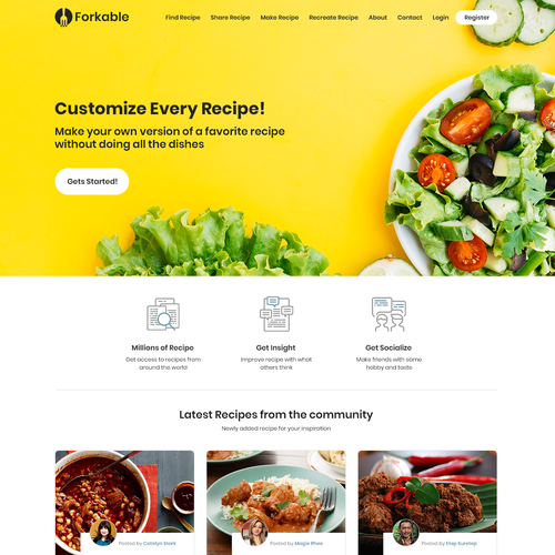 Restaurant website with the title 'Website Design for Food Recipes Online Sharing.'