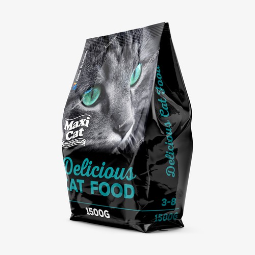 Pet food packaging with the title 'Maxi Cat Packaging Design'