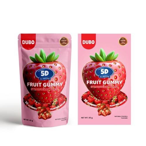 Strawberry packaging with the title 'Fruit gummy strawberry burst pouch packaging'