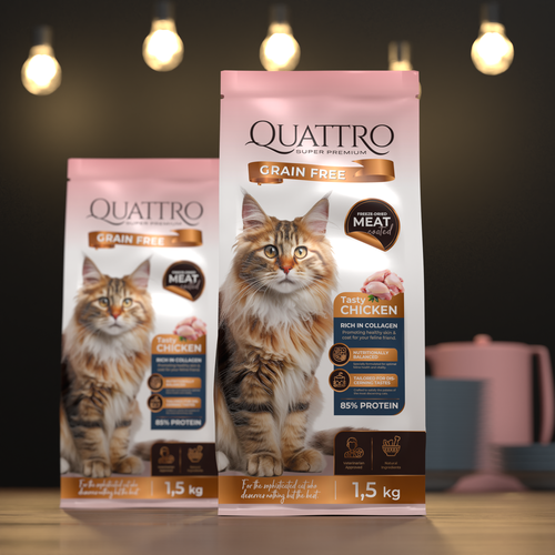 Pet food packaging with the title 'Super premium no grain dry cat food'