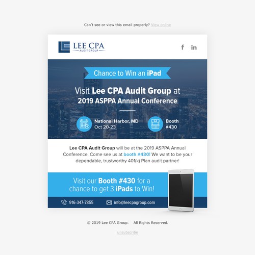 Conference design with the title 'Lee CPA Email design'
