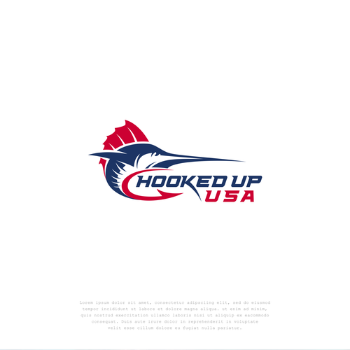 Marlin logo with the title 'Hooked Up USA. Offshore Fishing Site Needs Hooked Up with Logo'