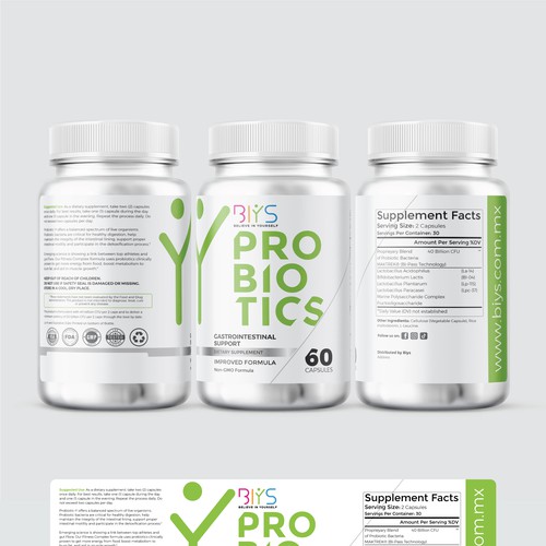 Supplement label with the title 'BIYS , Y brain Probiotics Supplement Label'
