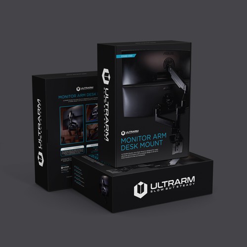Carton packaging with the title 'ULTRARM Monitor Arm Desk Mount'