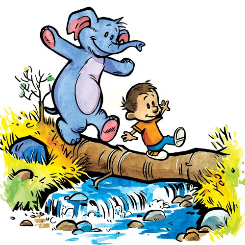 Elephant artwork with the title 'Calvin and Hobbes style illustration'